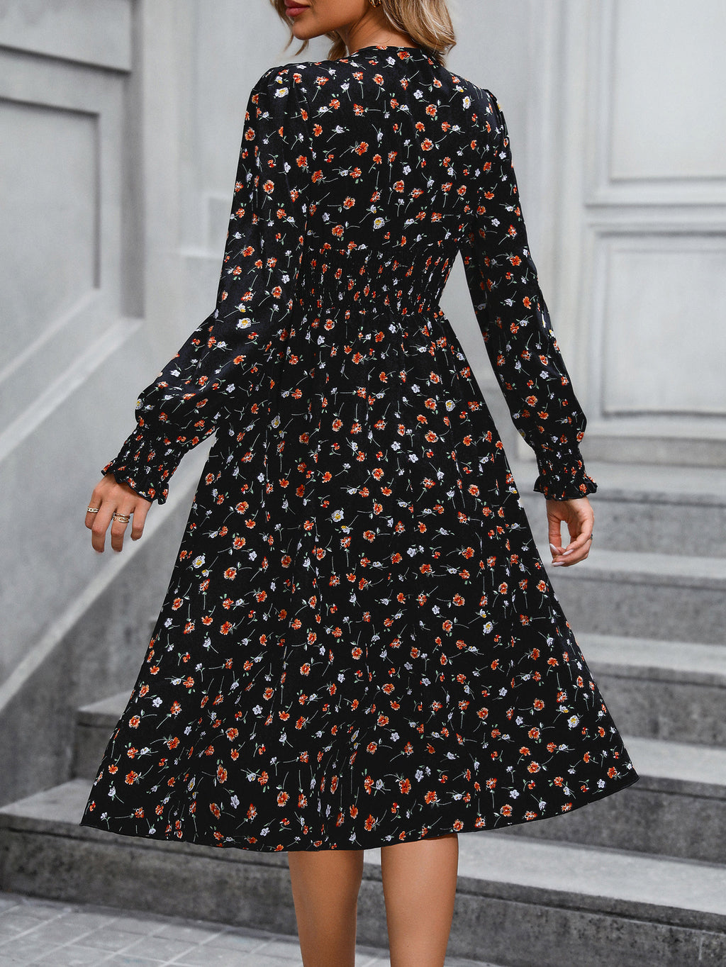 High-Waist Floral Long Sleeve Maxi Dress – Midnight Blossom